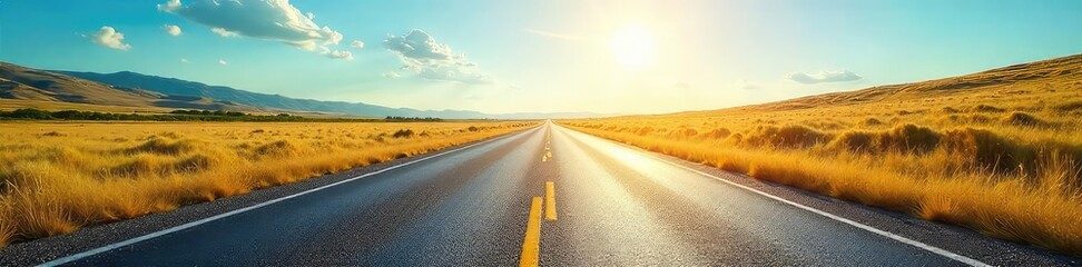 Fototapeta premium A long, straight road stretches into the distance on a brilliantly sunny day The asphalt gleams, reflecting the bright sunlight Perfect for travel, adventure, or summer themes , summer, highway