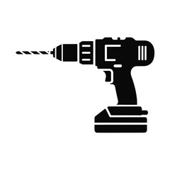 Black silhouette of a cordless power drill with a drill bit