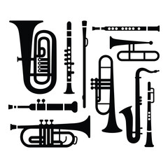 Collection of silhouetted brass and woodwind musical instruments