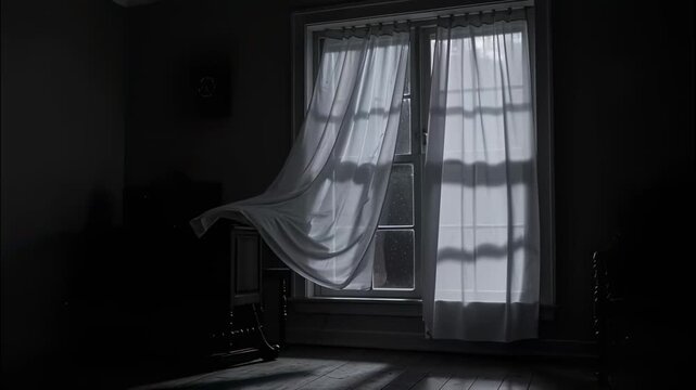 The wind from the window flutters the curtains in the old house in the moonlight.