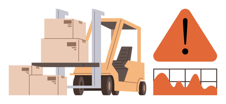 Forklift lifting boxes, hazard warning triangle, and load stability monitor. Ideal for logistics, warehouse safety, material handling, risk management, industrial training, cargo transport safety