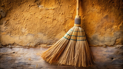Rustic Handmade Straw Broom Lying On Textured Wall Vintage Rustic Decor  