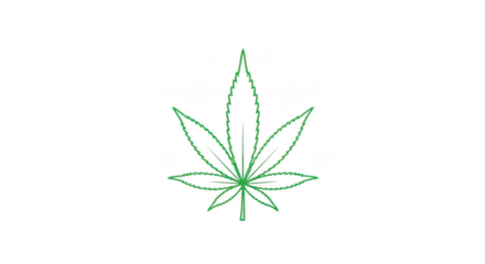 A simple green outline of a cannabis leaf is isolated on a plain transparent background