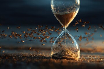 Hourglass with flowing sand surrounded by swirling particles creating a sense of time and movement in a serene environment