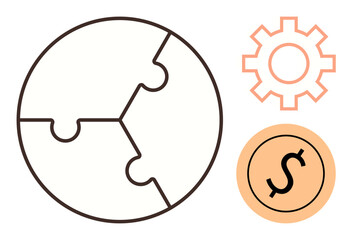 Interlocking puzzle pieces, gear, and dollar icon emphasize collaboration, problem-solving, and prosperity. Ideal for teamwork, business, strategy organization economy solutions planning. A