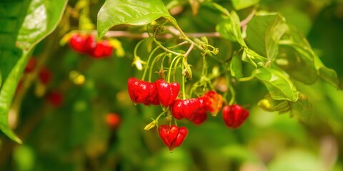 Fototapeta premium Heart-shaped red berries hang from green vines, creating a vibrant and natural scene in a garden.