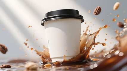 Realistic Mockup Coffee Cup with Dynamic Splash and Flying Ingredients