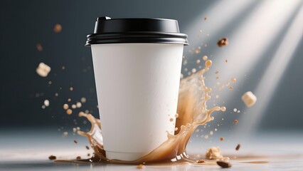 Realistic Mockup Coffee Cup with Dynamic Splash and Flying Ingredients