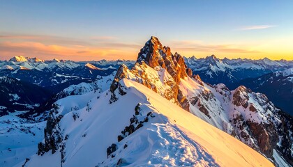 Snowy mountain peak at sunrise