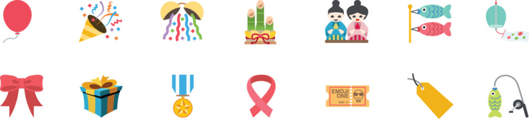 Colorful celebration and holiday icons collection including balloons, confetti, ribbons, lanterns, gifts, medals, tickets, and festive decorations. Perfect for party or event design. Flat vector set.