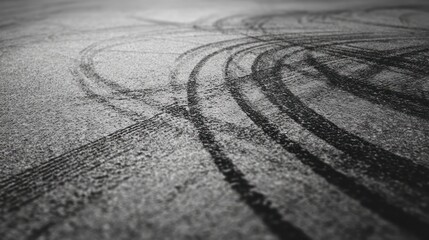 Asphalt surface marked by curving tire tracks, creating abstract patterns in grayscale