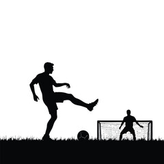 Soccer player shooting towards goal with goalkeeper silhouette Keywords: soccer, football