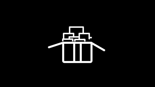 Open Cardboard Box Filled with Cubes Line Icon on Black Background Keywords: box, open, cardboard, packaging, shipping, delivery, logistics, cargo, container, storage, goods, products, items