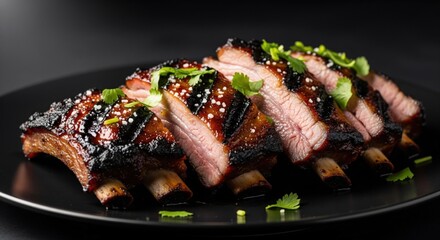 Sliced BBQ ribs on a black plate, garnished with cilantro