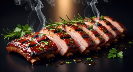 Sliced BBQ ribs, glistening with sauce, garnished with herbs, on a dark surface, with steam rising