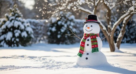 Snowman in snowy garden