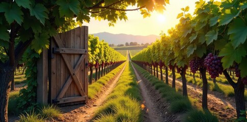 A rustic wooden gate leads away from a sun-drenched vineyard, vines heavy with ripe grapes, promising a journey beyond the rows of wine-producing plants , sunlight, autumn