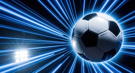 Soccer ball in a burst of blue light