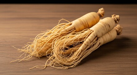 Three pieces of dried ginseng root lie on a dark wooden surface.  The roots are a light beige color, with a complex network of fibrous tendrils.  Focus is on the roots, with a shallow depth of field