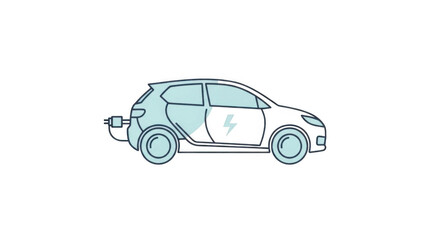 Fototapeta premium A simple line drawing of an electric car being charged, with a lightning bolt symbol on its side, isolated on transparent background