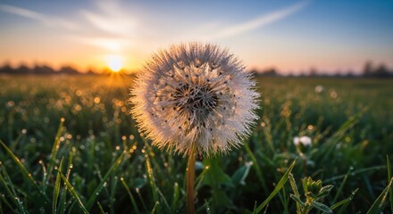 A dandelion at sunrise in a dewy field