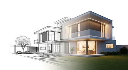 Architectural design overlay.  Modern home in blueprint overlay