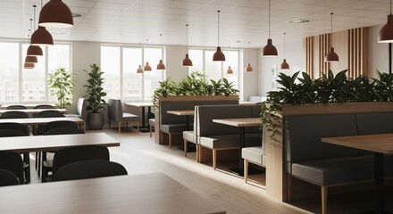 Bright, modern cafeteria with booth seating