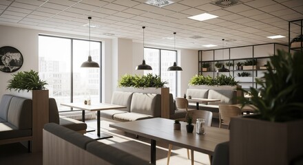Bright, modern communal dining area with plants