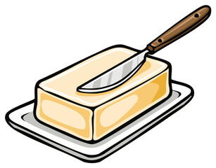 Cartoon illustration of a block of butter on a plate with a butter knife lying on top, ready for spreading