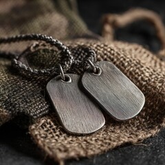 Fototapeta premium Two military dog tags resting on textured fabric with a camouflage pattern, symbolizing service and sacrifice in the armed forces