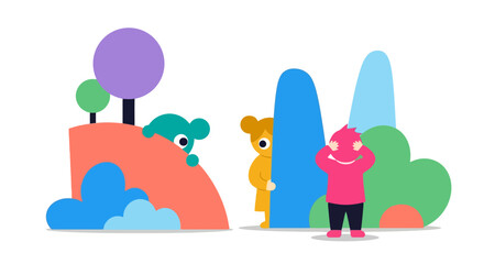 Obraz premium Playful Illustration of Children Playing Hide and Seek in a Whimsical Landscape. Ideal for children's books, educational materials, or cheerful website designs.