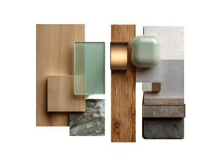 Geometric arrangement of natural materials.  Wooden, stone, and glass panels,  in varying tones,  create an abstract design.  Muted colors and smooth textures