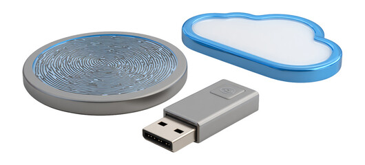 USB drive with fingerprint design and cloud storage symbol on table