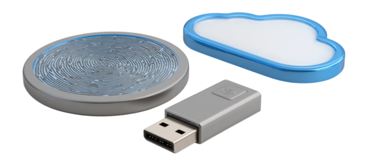 USB drive with fingerprint design and cloud storage symbol on table