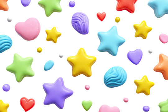 Abstract pattern of colorful shapes on black background.  Visually appealing, cartoonish, and playful.  Stars, hearts, and organic forms in pastel shades.  3D rendered