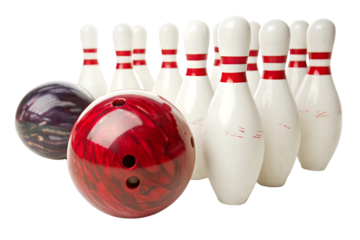 Bowling pins and balls closeup isolated on transparent background