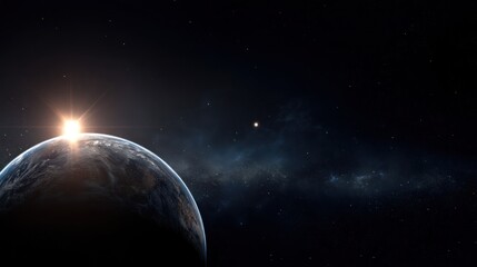 Naklejka premium Blue planet with clouds and light peaking from it against a starry backdrop