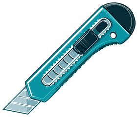 Illustration of a teal utility knife, sharp blade, precision cutting tool