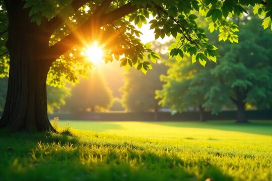 Golden hour sunlight bathes a tranquil summer scene Gentle breeze rustles through lush green leaves, casting dappled shadows on sun-drenched grass Perfect idyllic summer day , scenery, light