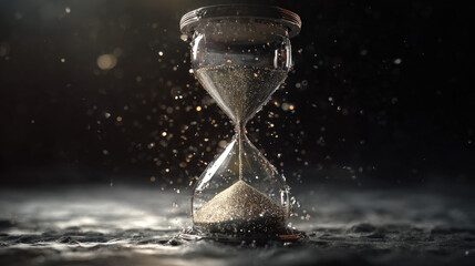 shattered glass hourglass with sand cascading outward in zero gravity scene dramatic stillness illustration concept scene visual for commercial design use high detail quality stock image illustration 