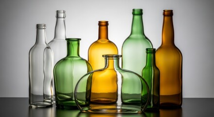 Collection of assorted glass bottles in various colors and shapes.