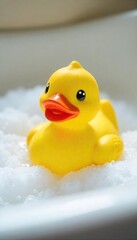 A cheerful yellow rubber ducky sits in a white bathtub, surrounded by bubbles Perfect for bath time, childhood memories, and playful themes Clean, bright, and inviting imagery , plastic, happy, care