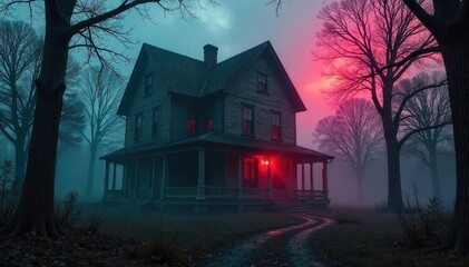 A chillingly atmospheric scream house, shrouded in darkness and mist, with ominous shadows and decaying architecture Perfect for horror, Halloween, and thriller themes , wood, ambiance, creepy
