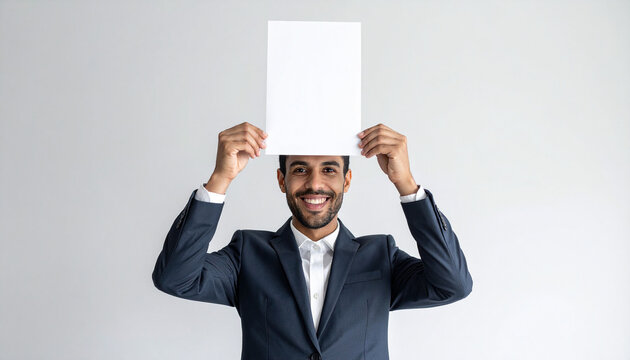 businessman holding blank board