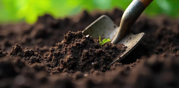 Fototapeta A close-up shot of a shovel digging into rich, dark soil, revealing moist earth and plant roots Ideal for gardening, agriculture, landscaping, and environmental themes , countryside, moist