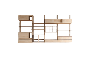 Modular wooden storage wall, light beige/tan color.  Organized compartments, shelves, drawers.  Geometric design.  3D rendering