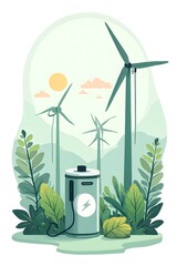 Wind turbines and battery clean energy illustration