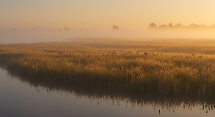 朝日輝く水面に映る黄金色の草原風景写真