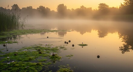 Fototapeta premium 朝霧漂う水面、静寂な早朝風景写真