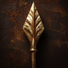 Golden spearhead on textured dark background, showcasing intricate details of metalwork and craftsmanship in still life composition